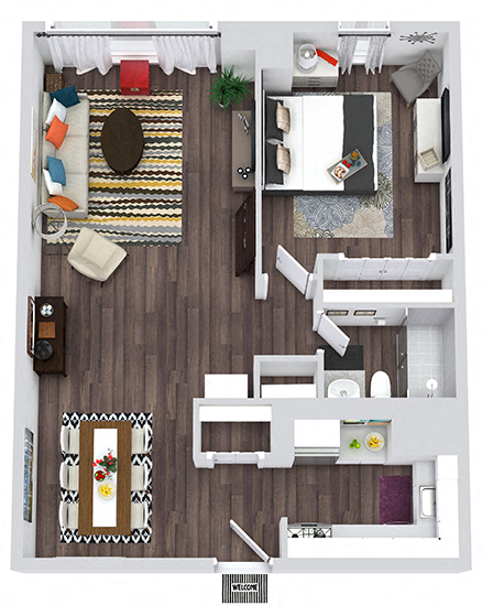 The Hermitage 3D apartment 1 bedroom floorplan with kitchen, dining room-living space and 1 bathroom with standalone shower